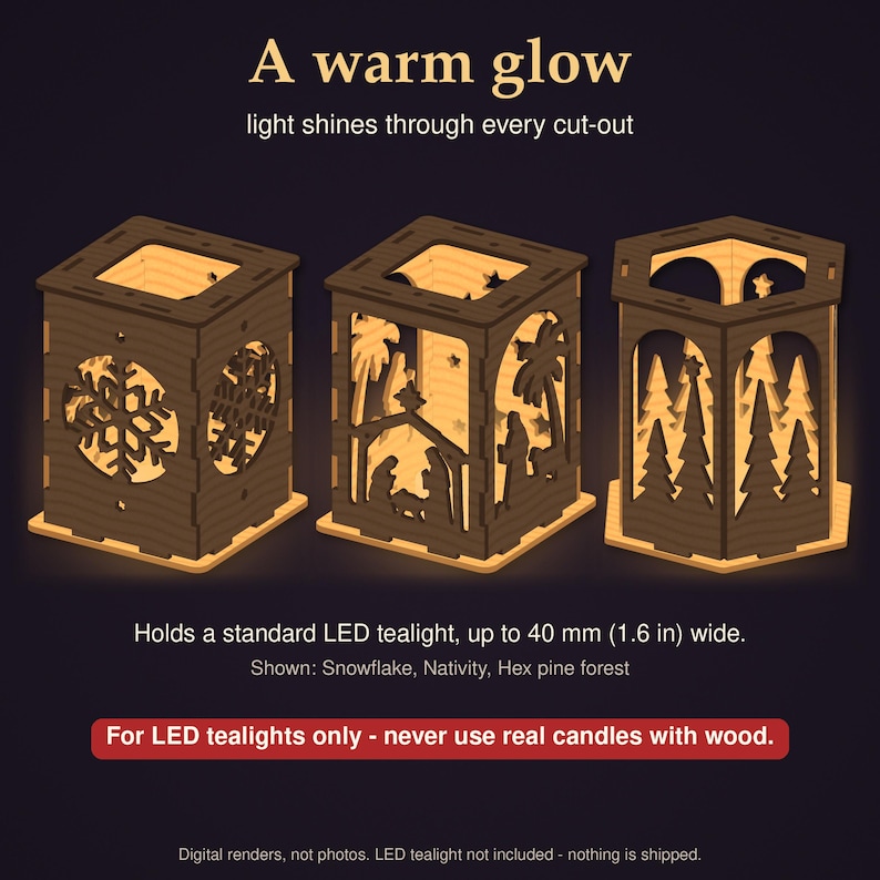 May include: Three dark brown wooden candle holders with cut-out designs including a snowflake, a nativity scene, and a pine forest. Text reads: A warm glow, light shines through every cut-out. Holds a standard LED tealight, up to 1.6 inches wide.