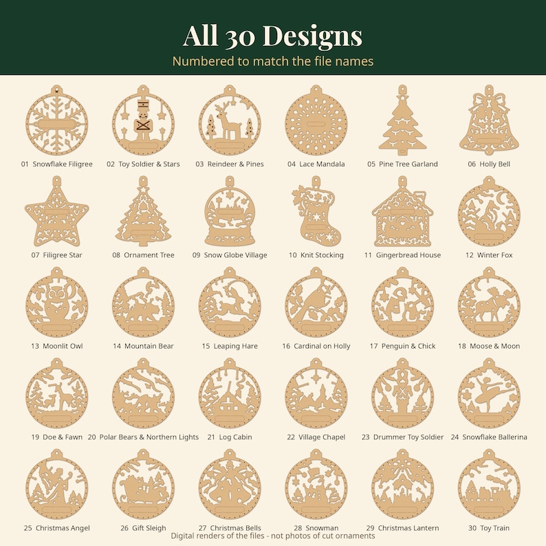 Weihnachtsschmuck-Set mit lasergeschnittenen Ornamenten, 30 Kugeln (SVG, DXF, PDF-Vektoren), Waldtier-Schnittdateien mit Namensschild für 3 mm Holz Bild 13