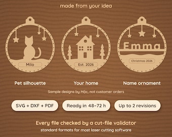 Individuelle Laserschnittdatei nach Ihrem Foto oder Ihrer Idee, personalisierte Ornamente (SVG, DXF, PDF), Haustiersilhouette, Haus, Name, fertig in 48–72 Stunden
