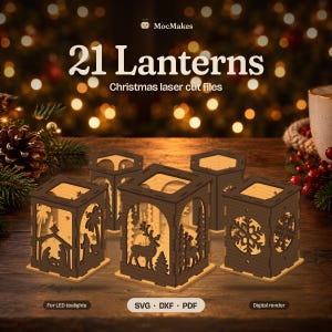 Christmas Lantern Laser Cut Files, 21 Tealight Holder Svg Bundle for LED Candles, Candle Holder Svg, Nativity Reindeer House, SVG DXF