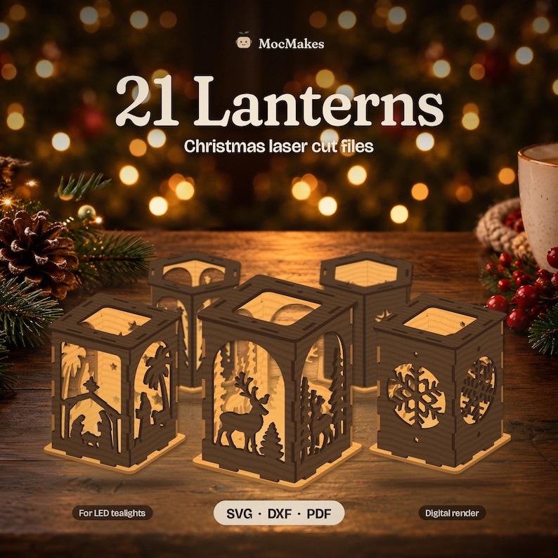 May include: A collection of four dark brown laser-cut wooden lanterns featuring intricate Christmas-themed silhouettes including a nativity scene, a reindeer, and snowflakes. The text reads 21 Lanterns Christmas laser cut files, SVG, DXF, PDF.