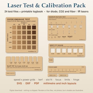 Laser Test File Pack, 24 Laser Calibration Cards, Printable Settings Logbook PDF, Engraving and Cutting Material Test, Kerf Focus SVG DXF image 2