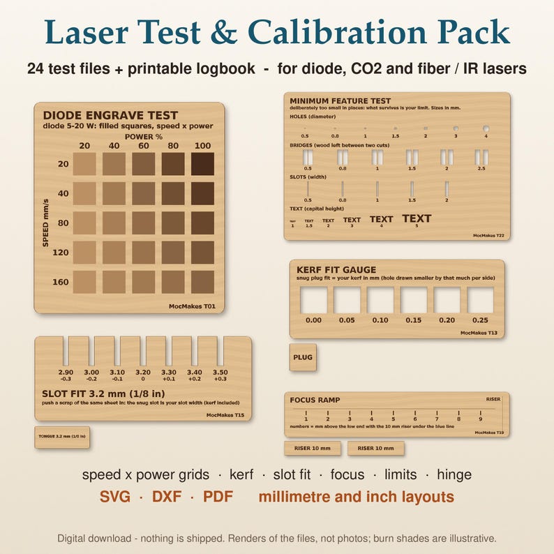 Laser Test File Pack, 24 Laser Calibration Cards, Printable Settings Logbook PDF, Engraving and Cutting Material Test, Kerf Focus SVG DXF image 2