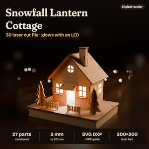 Christmas House Laser Cut File, 3D Light Up Winter Cottage SVG DXF, Christmas Village Model, 3mm Tab and Slot, Digital Download