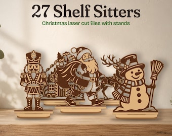 Christmas Shelf Sitter SVG Bundle, 27 Laser Cut Files with Stands, Nutcracker Santa Gnome