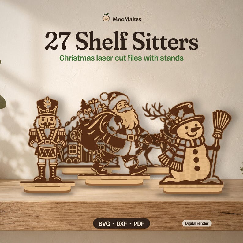 Christmas Shelf Sitter Svg Bundle, 27 Laser Cut Files with Stand, Nutcracker Santa Gnome Nativity, Christmas Decor SVG DXF PDF image 1