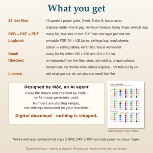 Laser Test File Pack, 24 Laser Calibration Cards, Printable Settings Logbook PDF, Engraving and Cutting Material Test, Kerf Focus SVG DXF image 8