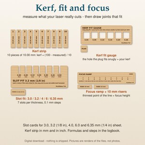 Laser Test File Pack, 24 Laser Calibration Cards, Printable Settings Logbook PDF, Engraving and Cutting Material Test, Kerf Focus SVG DXF image 6
