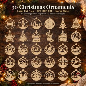 Weihnachtsschmuck-Set mit lasergeschnittenen Ornamenten, 30 Kugeln (SVG, DXF, PDF-Vektoren), Waldtier-Schnittdateien mit Namensschild für 3 mm Holz Bild 1