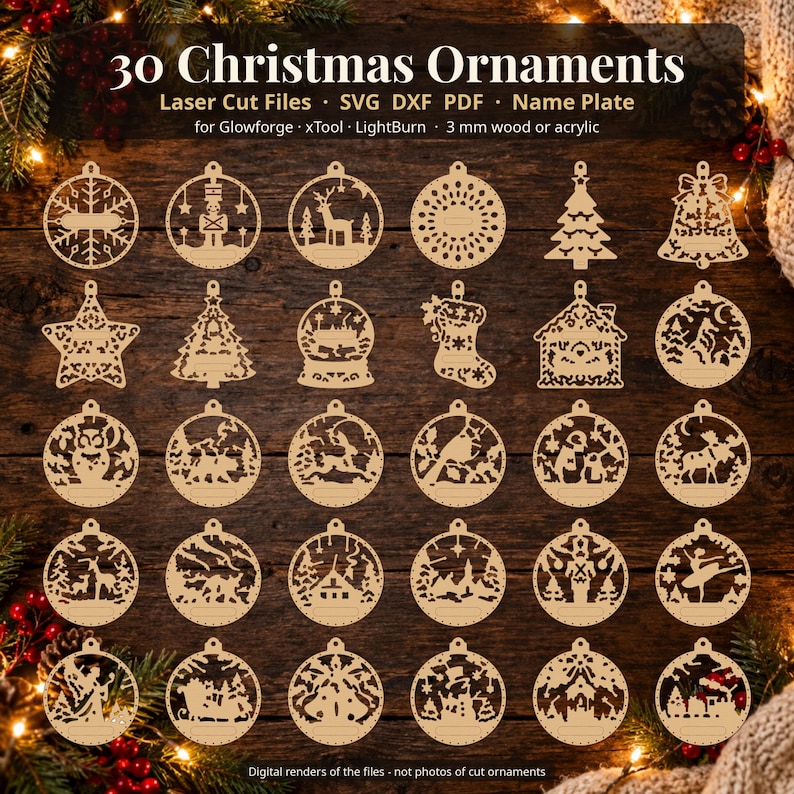 Weihnachtsschmuck-Set mit lasergeschnittenen Ornamenten, 30 Kugeln (SVG, DXF, PDF-Vektoren), Waldtier-Schnittdateien mit Namensschild für 3 mm Holz Bild 1