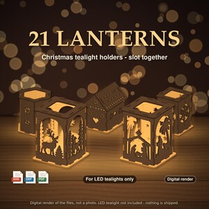 May include: A collection of 21 slot-together Christmas tealight holders made of dark wood. The lanterns feature intricate cut-out designs including reindeer, nativity scenes, and hearts. Text reads 21 LANTERNS Christmas tealight holders - slot together. For LED tealights only.