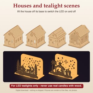 May include: Four light-colored wooden house structures with cut-out windows and two dark-colored wooden scenes featuring a sleigh with reindeer and a nativity scene. Text reads: Houses and tealight scenes, lift the house off its base to switch the LED on and off, For LED tealights only - never use real candles with wood.