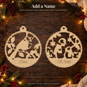 Weihnachtsschmuck-Set mit lasergeschnittenen Ornamenten, 30 Kugeln (SVG, DXF, PDF-Vektoren), Waldtier-Schnittdateien mit Namensschild für 3 mm Holz Bild 9