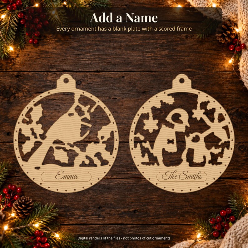 Weihnachtsschmuck-Set mit lasergeschnittenen Ornamenten, 30 Kugeln (SVG, DXF, PDF-Vektoren), Waldtier-Schnittdateien mit Namensschild für 3 mm Holz Bild 9