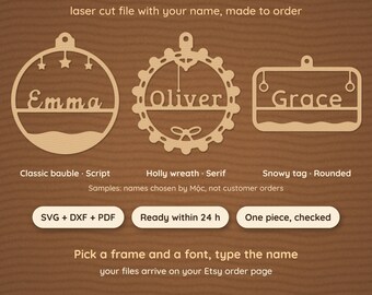 Custom Name Ornament Laser Cut File, Personalized Christmas Ornament SVG DXF PDF, Bauble Wreath or Tag, Made to Order in 24h