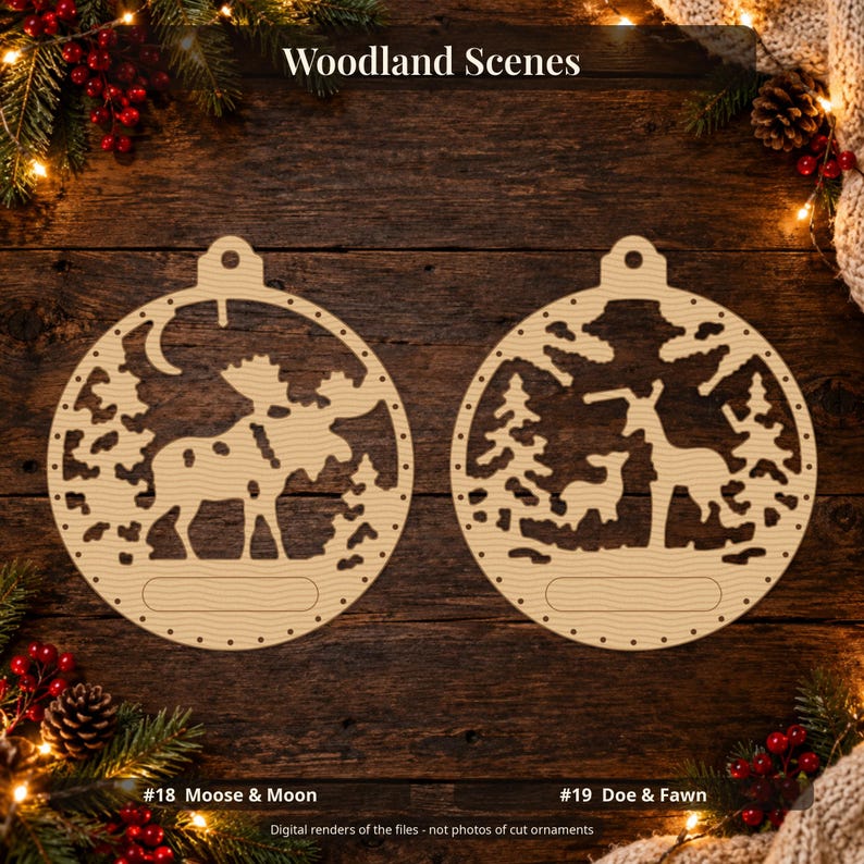 Weihnachtsschmuck-Set mit lasergeschnittenen Ornamenten, 30 Kugeln (SVG, DXF, PDF-Vektoren), Waldtier-Schnittdateien mit Namensschild für 3 mm Holz Bild 6