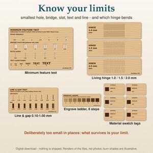 Laser Test File Pack, 24 Laser Calibration Cards, Printable Settings Logbook PDF, Engraving and Cutting Material Test, Kerf Focus SVG DXF image 7