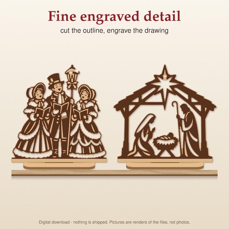 May include: Two brown laser-cut wooden ornaments featuring fine engraved detail. One depicts three Victorian-style carolers holding songbooks and a lantern. The other shows a nativity scene with a star above. Text reads: Fine engraved detail, cut the outline, engrave the drawing.