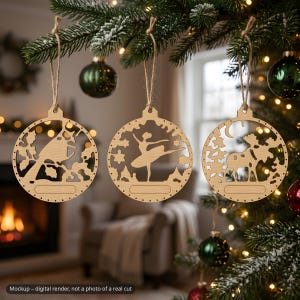 Weihnachtsschmuck-Set mit lasergeschnittenen Ornamenten, 30 Kugeln (SVG, DXF, PDF-Vektoren), Waldtier-Schnittdateien mit Namensschild für 3 mm Holz Bild 2