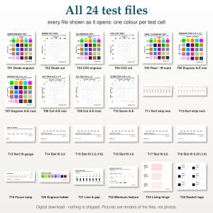 Laser Test File Pack, 24 Laser Calibration Cards, Printable Settings Logbook PDF, Engraving and Cutting Material Test, Kerf Focus SVG DXF image 3