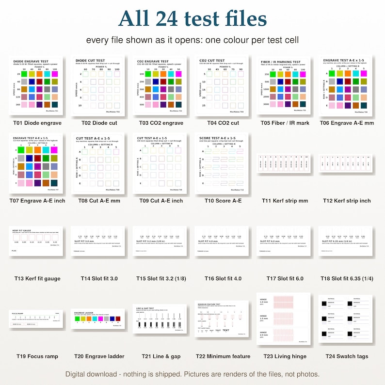 Laser Test File Pack, 24 Laser Calibration Cards, Printable Settings Logbook PDF, Engraving and Cutting Material Test, Kerf Focus SVG DXF image 3