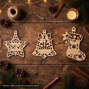 Weihnachtsschmuck-Set mit lasergeschnittenen Ornamenten, 30 Kugeln (SVG, DXF, PDF-Vektoren), Waldtier-Schnittdateien mit Namensschild für 3 mm Holz Bild 3