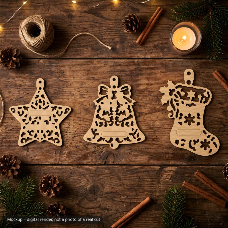 Weihnachtsschmuck-Set mit lasergeschnittenen Ornamenten, 30 Kugeln (SVG, DXF, PDF-Vektoren), Waldtier-Schnittdateien mit Namensschild für 3 mm Holz Bild 3