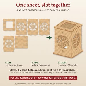 May include: A light-colored wooden laser-cut lantern kit featuring flat panels with snowflake cutouts, tabs, and slots for assembly. Text includes: One sheet, slot together, tabs, slots and finger joints, 3.0 mm and 3.2 mm (1/8") files included.