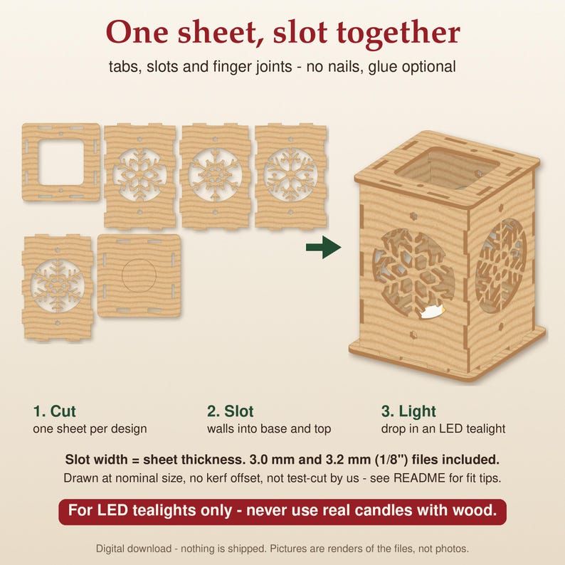 May include: A light-colored wooden laser-cut lantern kit featuring flat panels with snowflake cutouts, tabs, and slots for assembly. Text includes: One sheet, slot together, tabs, slots and finger joints, 3.0 mm and 3.2 mm (1/8") files included.