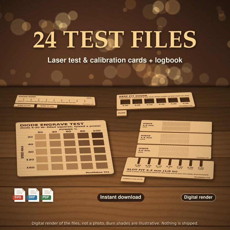Laser Test File Pack, 24 Laser Calibration Cards, Printable Settings Logbook PDF, Engraving and Cutting Material Test, Kerf Focus SVG DXF image 1