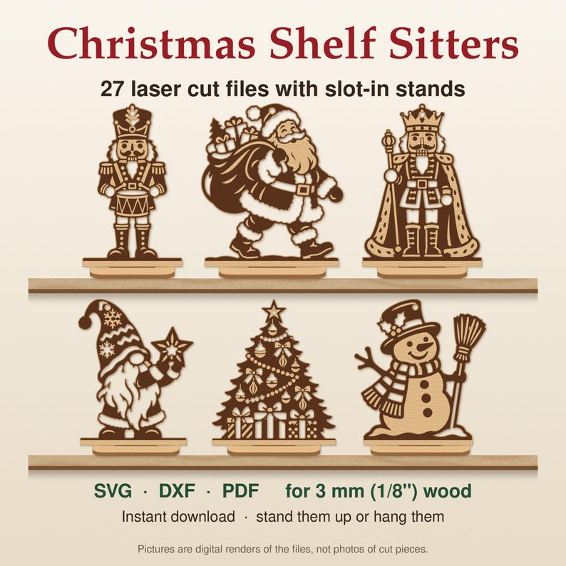 May include: Christmas Shelf Sitters 27 laser cut files with slot-in stands SVG DXF PDF for 3 mm wood. Six brown wooden figures including a nutcracker, Santa Claus, king, gnome, Christmas tree, and snowman on stands.