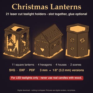 May include: A collection of 21 laser cut wooden tealight holders featuring square, hexagonal, and house-shaped designs with intricate cutouts of deer, trees, hearts, and snowflakes. Includes SVG, DXF, and PDF files for 3 mm and 1/8 inch materials.