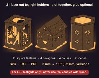 Weihnachtslaternen-Laserschnittdateien, 21 Teelichthalter-SVG-Bundle für LED-Kerzen, Kerzenhalter-SVG, Krippen-Rentierhaus, SVG DXF