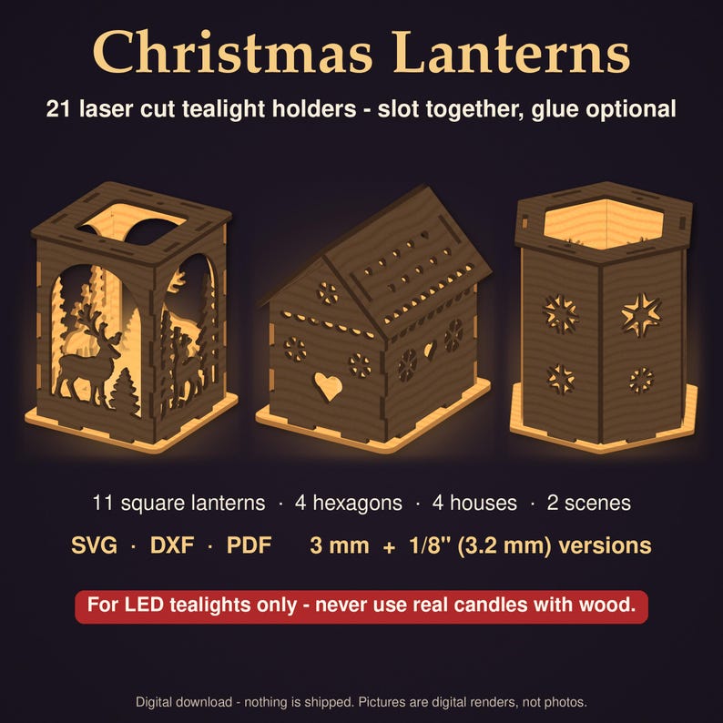 May include: A collection of 21 laser cut wooden tealight holders featuring square, hexagonal, and house-shaped designs with intricate cutouts of deer, trees, hearts, and snowflakes. Includes SVG, DXF, and PDF files for 3 mm and 1/8 inch materials.