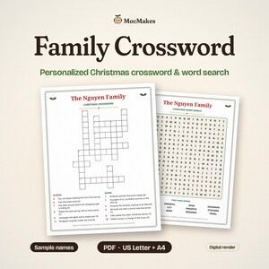 Personalized Family Christmas Crossword & Word Search, Custom Names Printable Puzzle, Holiday Party Game, Digital PDF