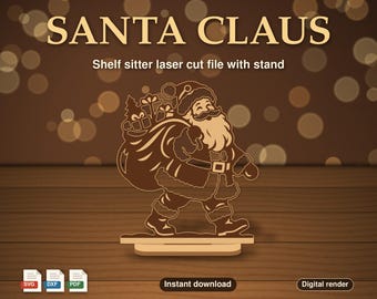Santa Claus Shelf Sitter SVG with Gift Sack, Christmas Laser Cut File with Stand