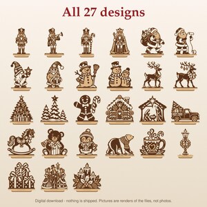 May include: A collection of 27 brown silhouette designs labelled All 27 designs, featuring Christmas-themed figures including nutcrackers, Santa Claus, gnomes, snowmen, reindeer, trees, a gingerbread man, a nativity scene, and gifts.