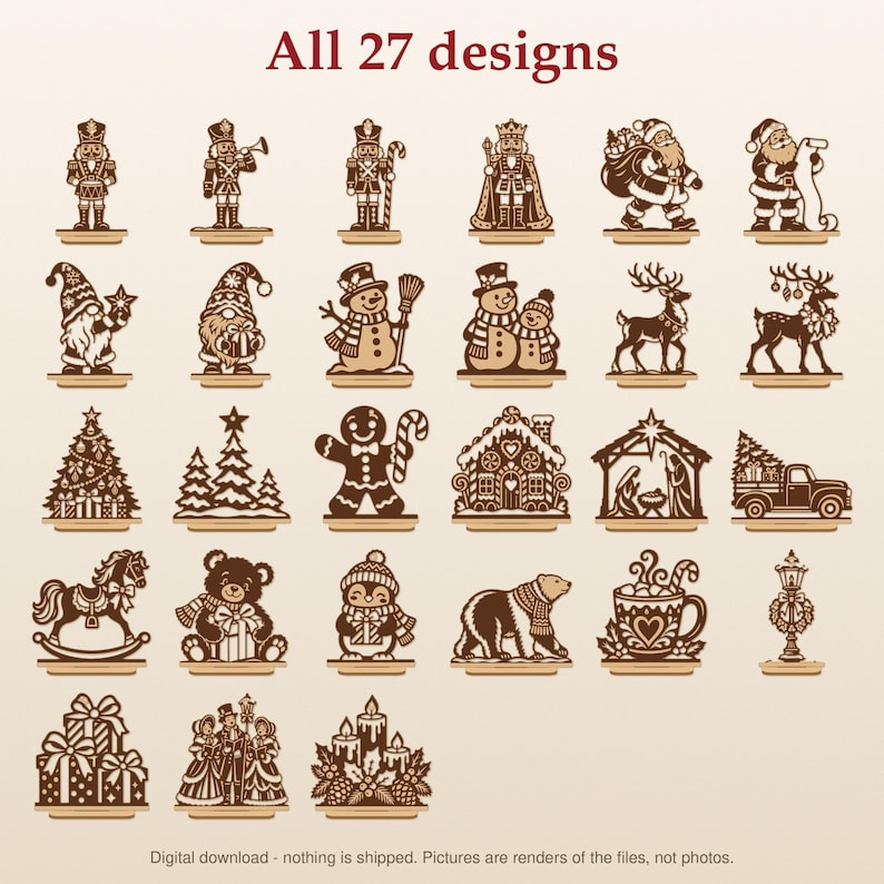 May include: A collection of 27 brown silhouette designs labelled All 27 designs, featuring Christmas-themed figures including nutcrackers, Santa Claus, gnomes, snowmen, reindeer, trees, a gingerbread man, a nativity scene, and gifts.