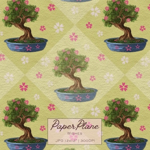 Puede incluir: Un patrón repetitivo de bonsáis con flores rosas en macetas azules sobre un fondo verde claro de cuadrícula de diamantes con pequeñas flores rosas y blancas. Una etiqueta rectangular dice Paper Plane WISHES JPG 12x12" | 300DPI.