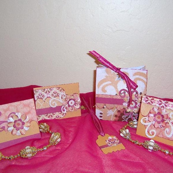 5pc Handmade Matching Gift Set - Gift Bag, 3 Note Cards, 1 Gift Tag