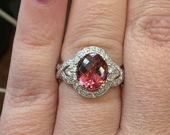 3ctw Rubellite Tourmaline With Diamond Accents & 14kt White Gold Ring