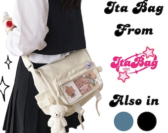 Kawaii Ita Bag Crossbody | Clear Window Shoulder Bag with Plush Charm | Cute Messenger Bag for Pins & Keychains | Harajuku Aesthetic Gift