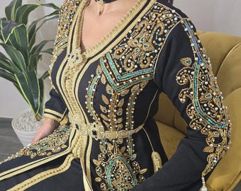 Zwarte Marokkaanse kaftan-trouwjurk | Zwarte Marokkaanse kaftanjurk | Handgemaakte takchita voor dames | Marokkaanse bruiloftkaftanjurk voor dames