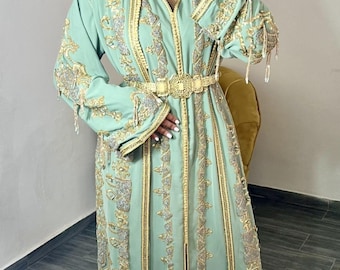 Pastel Green Moroccan Kaftan Dress For Women | Pastel Green Caftan Dress | Handmade Moroccan Kaftan Dress | Tekshita Wedding Dress
