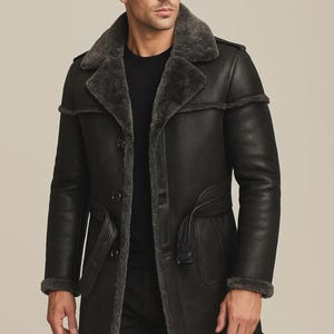 Men's Genuine Lambskin Leather Shearling Coat - 3/4 Length Retro Style