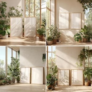 Puede incluir: Un interior luminoso y espacioso con grandes ventanales y suelo de madera. Varias láminas artísticas enmarcadas y en blanco se apoyan en la pared. Abundantes plantas verdes en macetas y cestas añaden un toque natural.