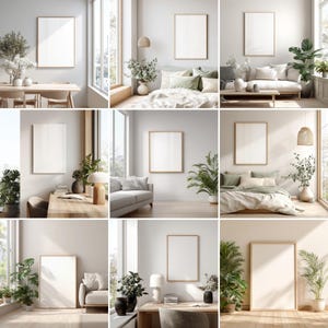Puede incluir: Nueve imágenes de maquetas de diseño de interiores. Cada imagen presenta una obra de arte enmarcada, rectangular y de color claro, en una pared. Las habitaciones están decoradas con colores neutros, plantas y muebles, creando una estética moderna y minimalista.