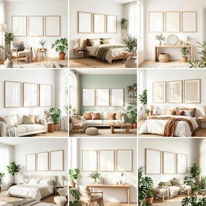 May include: Nine interior design scenes with blank framed art in rooms like bedrooms and living rooms. Each scene displays different furniture, plants, and decor arrangements, with an emphasis on natural light and neutral colour schemes.