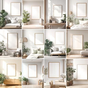 Puede incluir: Una colección de maquetas de diseño de interiores con impresiones artísticas enmarcadas en blanco. Las imágenes muestran varios espacios de vida, incluyendo salones y dormitorios, con paletas de colores neutros, luz natural y plantas decorativas. Los marcos tienen un acabado de madera clara.
