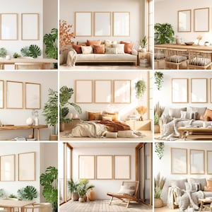 Triple Frame Wall Art Mockup Bundle, Realistic 3 Frame PSD Mockups, Modern Interior Smart Object Set